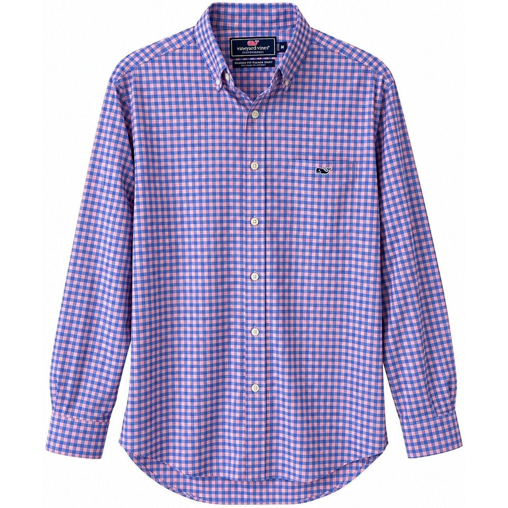 Vineyard Vines Performance Tucker Shirt Mens M Pink Blue Gingham Stretch